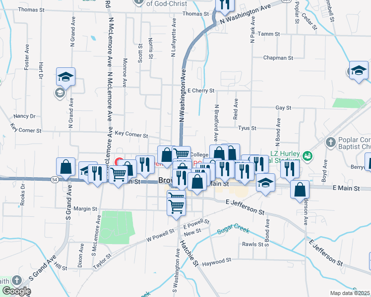 map of restaurants, bars, coffee shops, grocery stores, and more near 214 North Washington Avenue in Brownsville