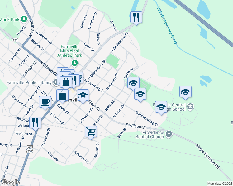 map of restaurants, bars, coffee shops, grocery stores, and more near 3314 North Pitt Street in Farmville