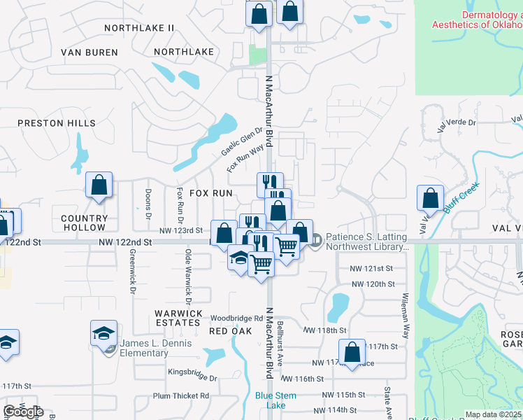 map of restaurants, bars, coffee shops, grocery stores, and more near 12401 North Macarthur Boulevard in Oklahoma City