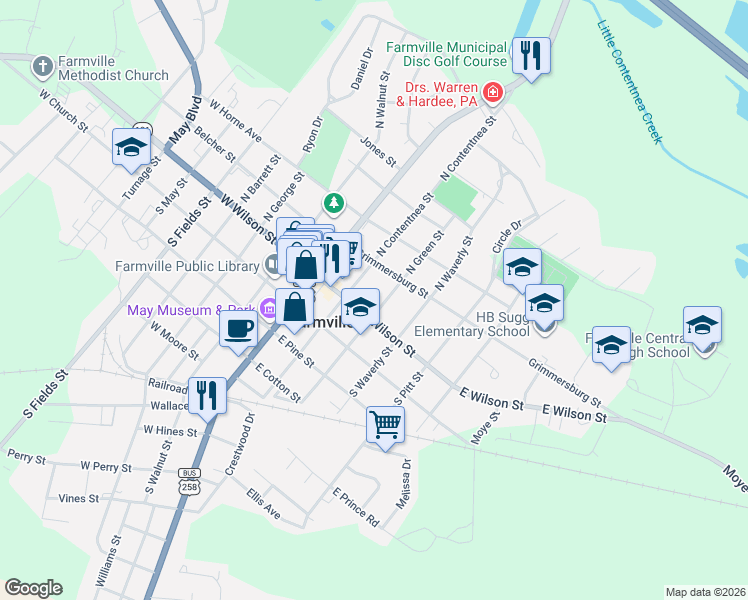 map of restaurants, bars, coffee shops, grocery stores, and more near 3336 North Green Street in Farmville