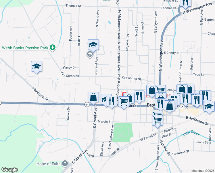 map of restaurants, bars, coffee shops, grocery stores, and more near 521 West College Street in Brownsville