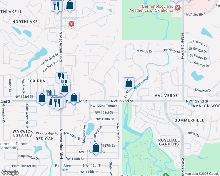 map of restaurants, bars, coffee shops, grocery stores, and more near 5316 Northwest 124th Street in Oklahoma City
