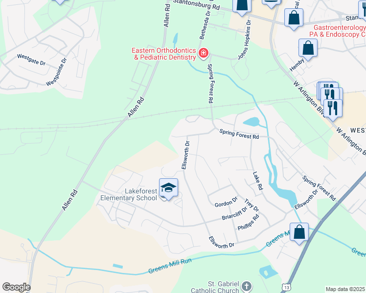 map of restaurants, bars, coffee shops, grocery stores, and more near 3505 Ellsworth Drive in Greenville