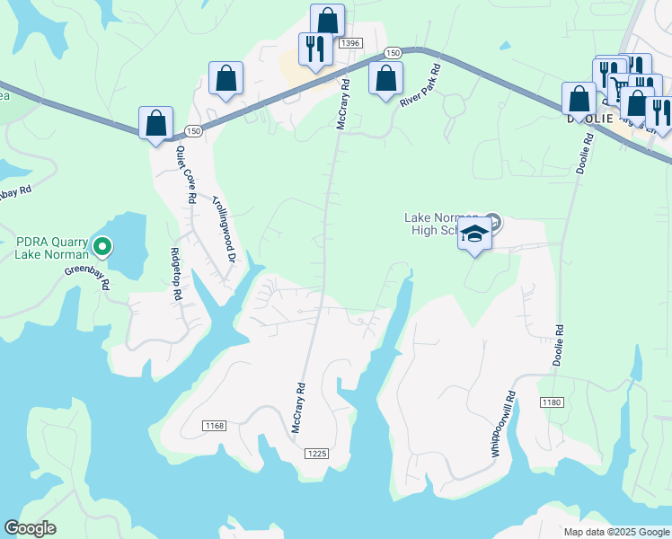 map of restaurants, bars, coffee shops, grocery stores, and more near McCrary Road in Mooresville