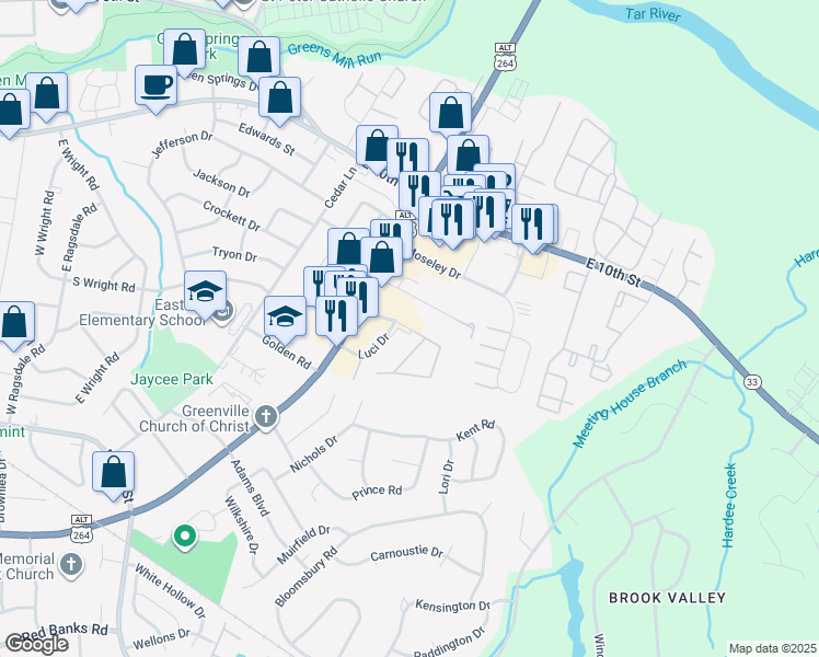 map of restaurants, bars, coffee shops, grocery stores, and more near 400 Eastbrook Dr in Greenville