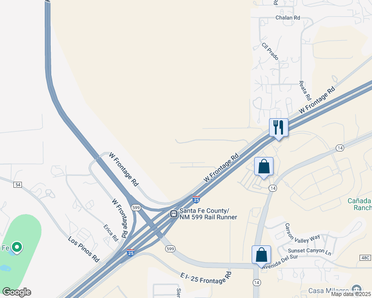 map of restaurants, bars, coffee shops, grocery stores, and more near 27633 A I-25 W Frontage Road in Santa Fe