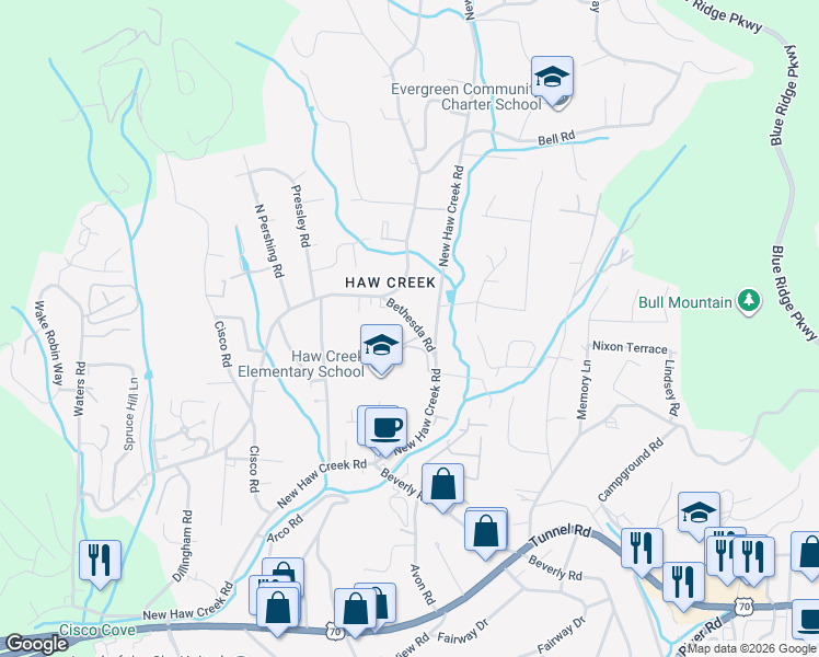 map of restaurants, bars, coffee shops, grocery stores, and more near 20 Bethesda Road in Asheville