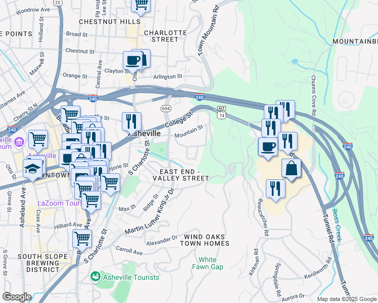 map of restaurants, bars, coffee shops, grocery stores, and more near 10 Latta Street in Asheville