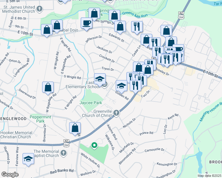 map of restaurants, bars, coffee shops, grocery stores, and more near 1607 Cedar Lane in Greenville