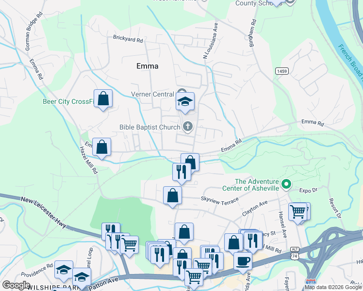 map of restaurants, bars, coffee shops, grocery stores, and more near 26 State Road 1342 in Asheville