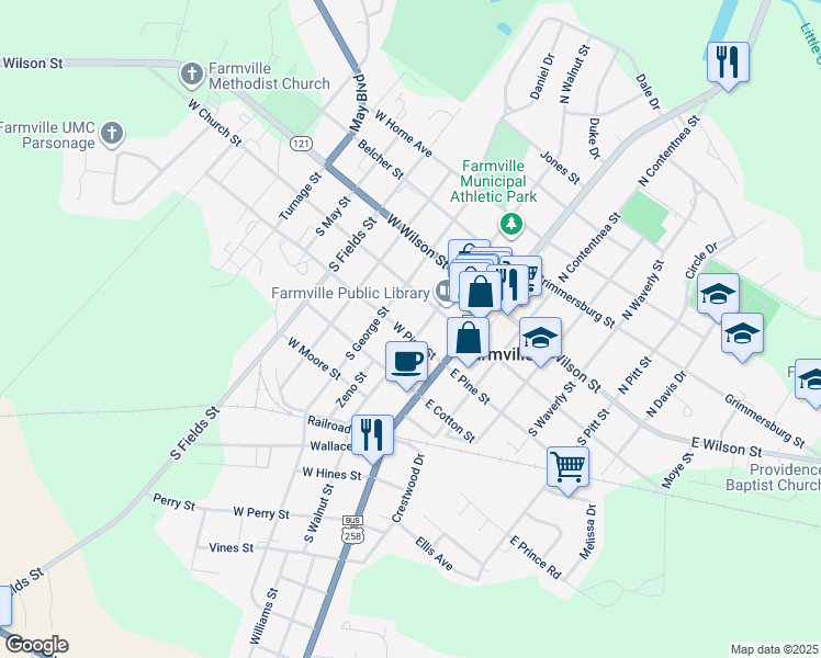 map of restaurants, bars, coffee shops, grocery stores, and more near 4294 West Pine Street in Farmville