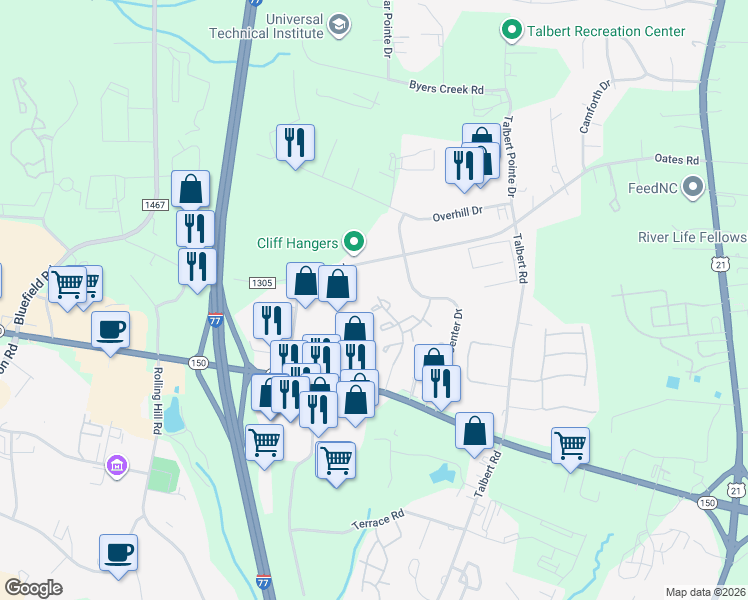map of restaurants, bars, coffee shops, grocery stores, and more near 126 Barnhardt Loop in Mooresville