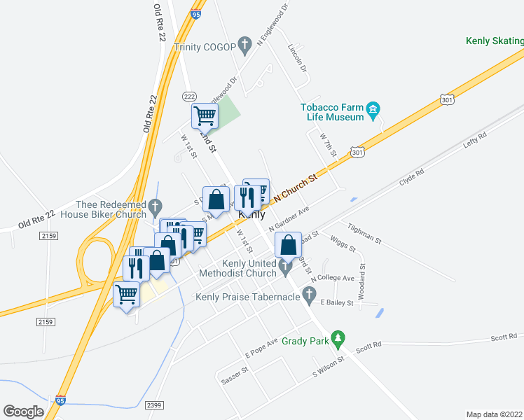 map of restaurants, bars, coffee shops, grocery stores, and more near 198 North Church Street in Kenly