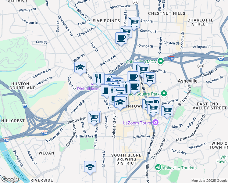 map of restaurants, bars, coffee shops, grocery stores, and more near Battle Square in Asheville