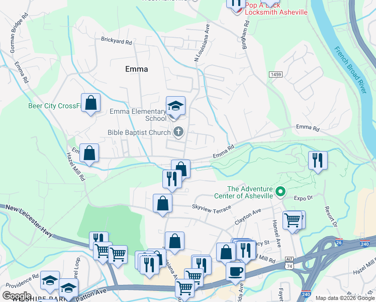 map of restaurants, bars, coffee shops, grocery stores, and more near in Buncombe County