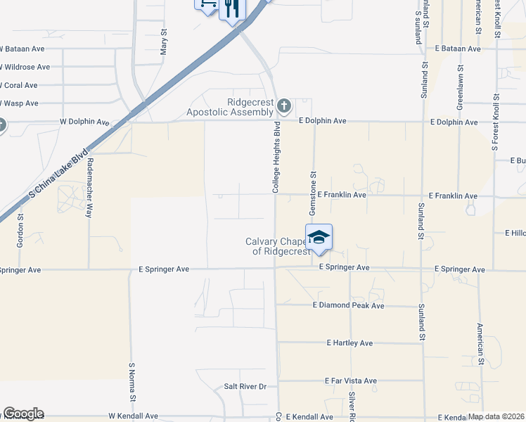 map of restaurants, bars, coffee shops, grocery stores, and more near 113 West Franklin Avenue in Ridgecrest