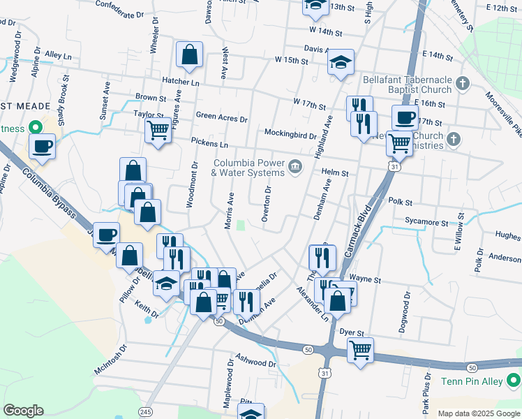 map of restaurants, bars, coffee shops, grocery stores, and more near 2000 Overton Dr in Columbia