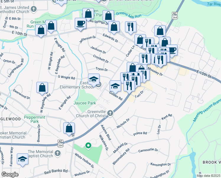 map of restaurants, bars, coffee shops, grocery stores, and more near 3001 Golden Road in Greenville