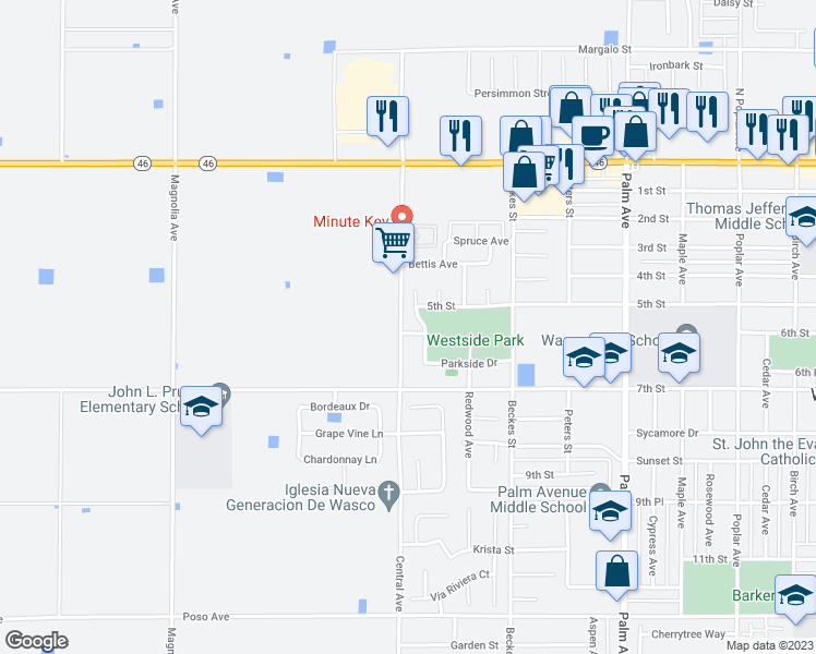map of restaurants, bars, coffee shops, grocery stores, and more near 2780 Central Park Drive in Wasco