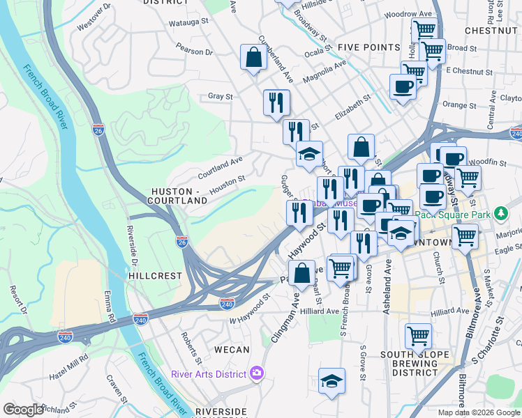 map of restaurants, bars, coffee shops, grocery stores, and more near 34 Barfield Avenue in Asheville
