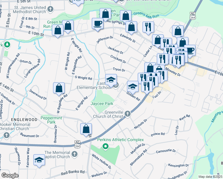 map of restaurants, bars, coffee shops, grocery stores, and more near 1700 Cedar Lane in Greenville