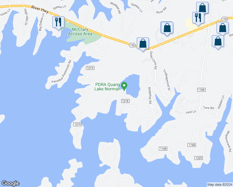 map of restaurants, bars, coffee shops, grocery stores, and more near 350 Greenbay Road in Mooresville