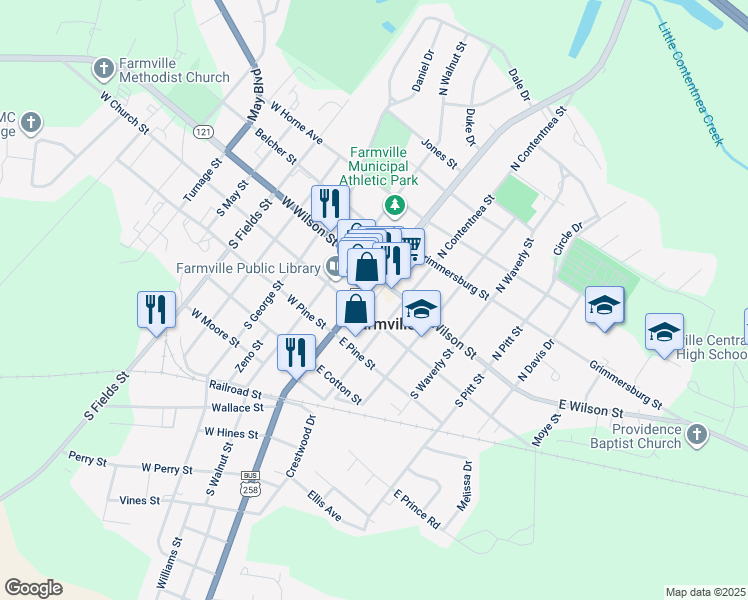 map of restaurants, bars, coffee shops, grocery stores, and more near 3725-3749 Highway 121 in Farmville