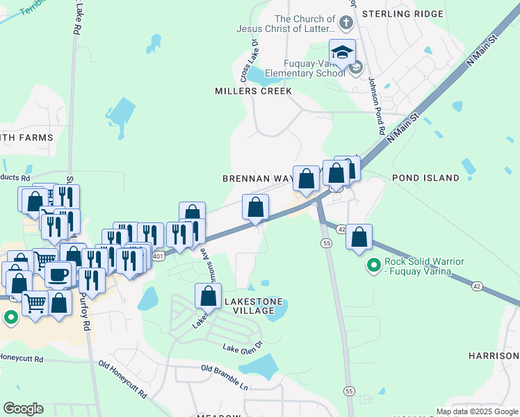 map of restaurants, bars, coffee shops, grocery stores, and more near 1617 North Main Street in Fuquay Varina