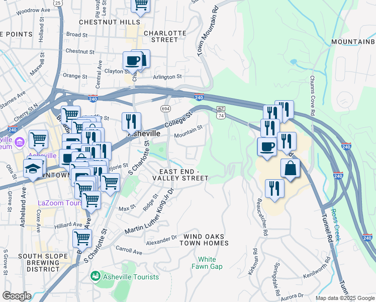 map of restaurants, bars, coffee shops, grocery stores, and more near 45 Clemmons Street in Asheville