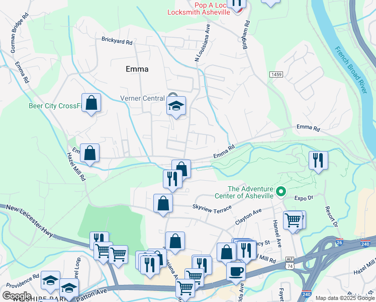 map of restaurants, bars, coffee shops, grocery stores, and more near in Buncombe County