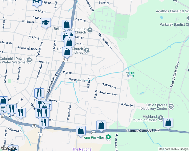 map of restaurants, bars, coffee shops, grocery stores, and more near 319 Polk Street in Columbia