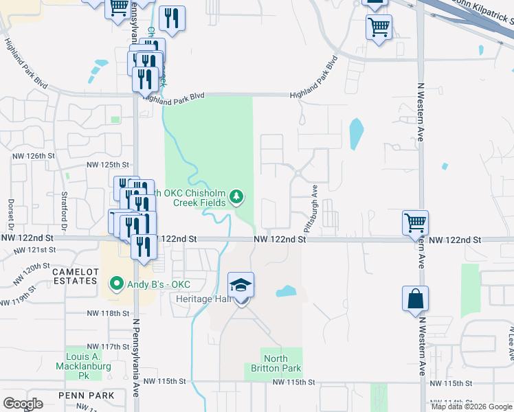 map of restaurants, bars, coffee shops, grocery stores, and more near 12417 Edison Drive in Oklahoma City