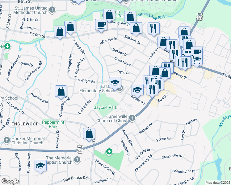 map of restaurants, bars, coffee shops, grocery stores, and more near 1700 Cedar Lane in Greenville