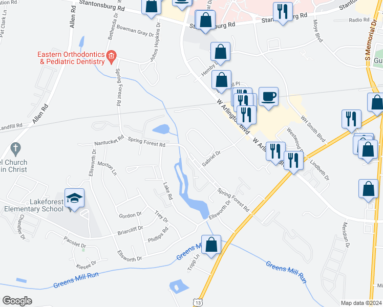 map of restaurants, bars, coffee shops, grocery stores, and more near 855 Spring Forest Road in Greenville