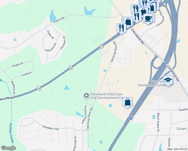 map of restaurants, bars, coffee shops, grocery stores, and more near 1217 Adams Point Drive in Garner