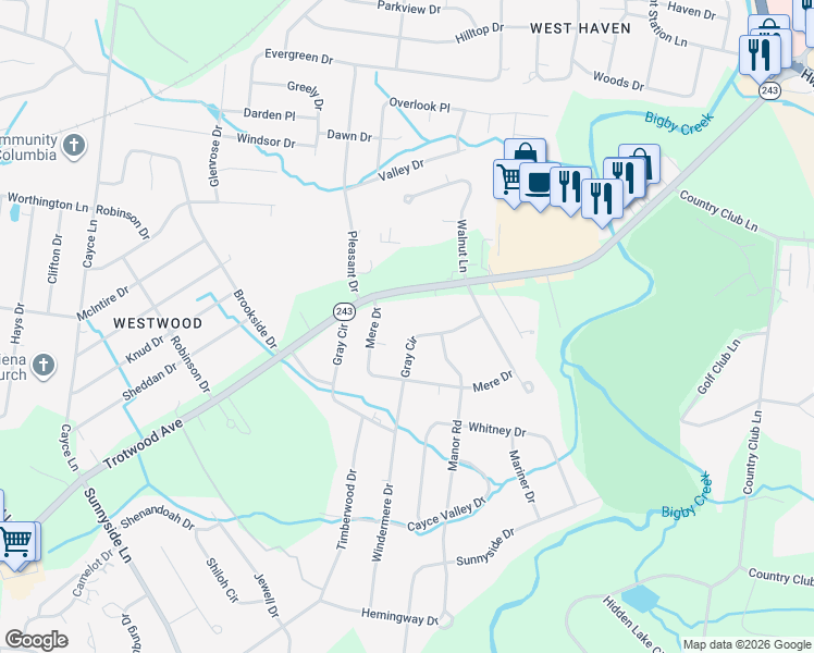 map of restaurants, bars, coffee shops, grocery stores, and more near 2712 Gray Circle in Columbia