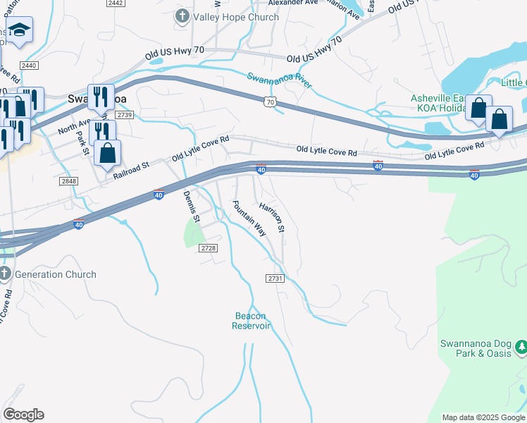 map of restaurants, bars, coffee shops, grocery stores, and more near 206 Harrison Street in Swannanoa