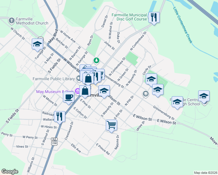 map of restaurants, bars, coffee shops, grocery stores, and more near 3336 North Green Street in Farmville