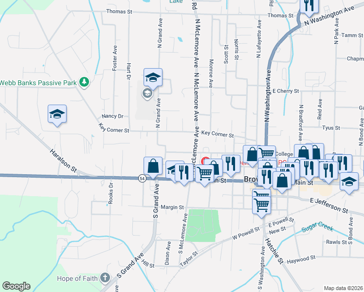 map of restaurants, bars, coffee shops, grocery stores, and more near 521 West College Street in Brownsville