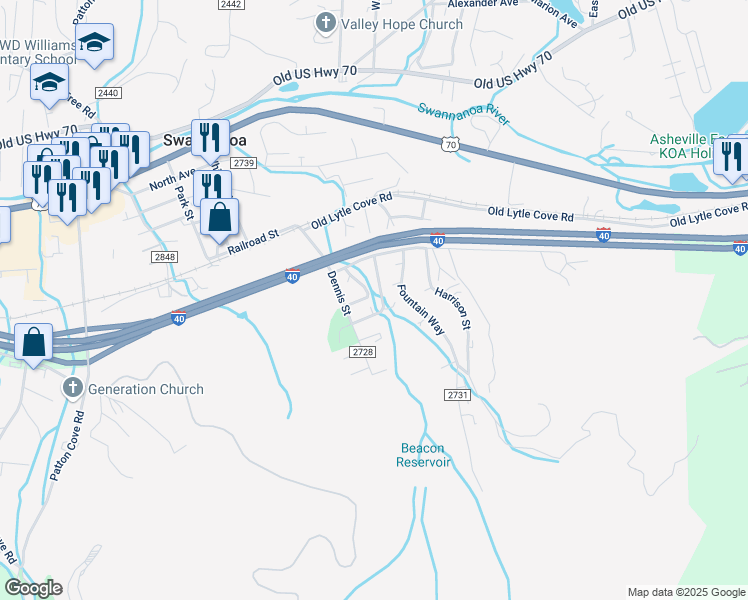 map of restaurants, bars, coffee shops, grocery stores, and more near 144 Central Avenue in Swannanoa
