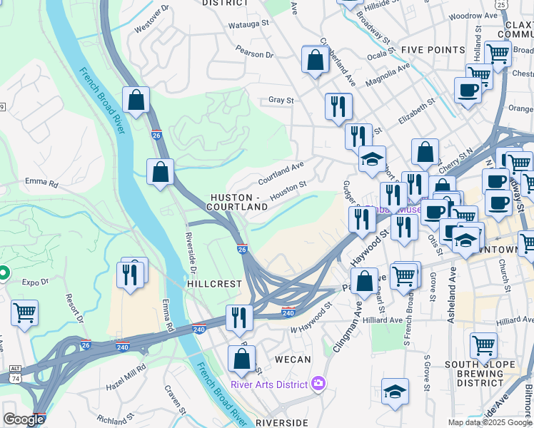map of restaurants, bars, coffee shops, grocery stores, and more near 181 Houston Place in Asheville