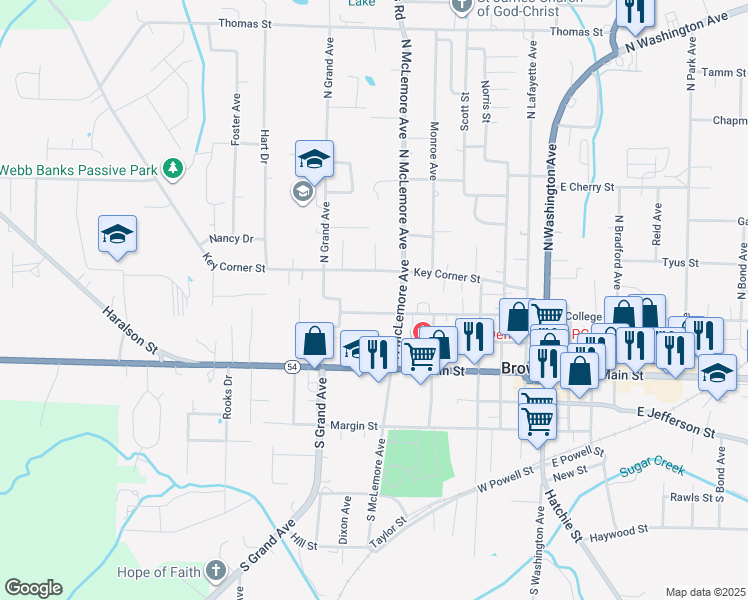 map of restaurants, bars, coffee shops, grocery stores, and more near 521 West College Street in Brownsville