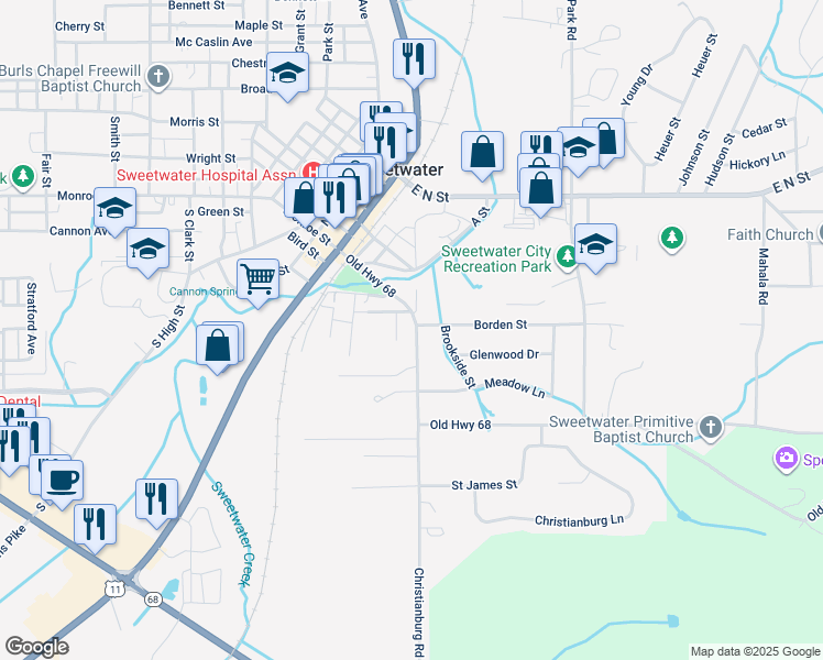 map of restaurants, bars, coffee shops, grocery stores, and more near 111 Hilltop Lane in Sweetwater