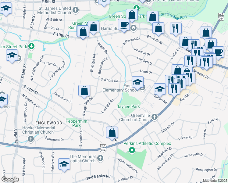 map of restaurants, bars, coffee shops, grocery stores, and more near 2410 Slay Drive in Greenville