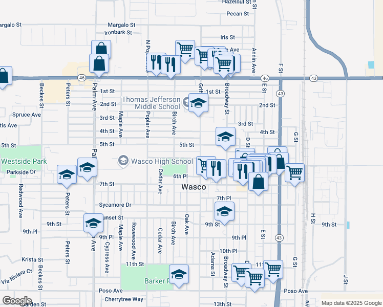 map of restaurants, bars, coffee shops, grocery stores, and more near 1400 6th Street in Wasco