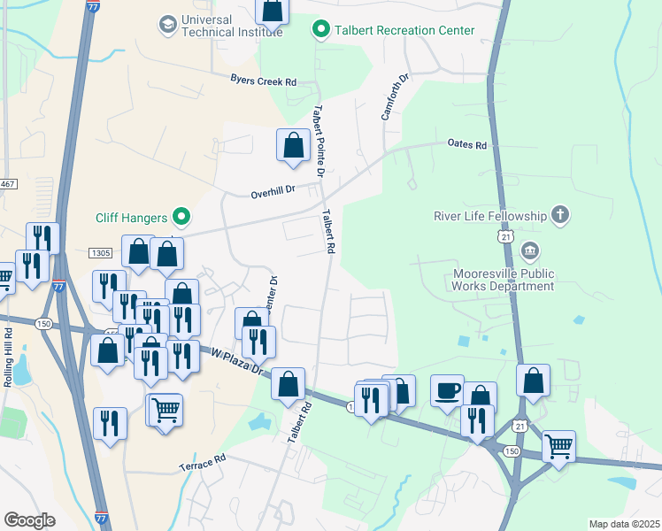 map of restaurants, bars, coffee shops, grocery stores, and more near 143 Talbert Road in Mooresville