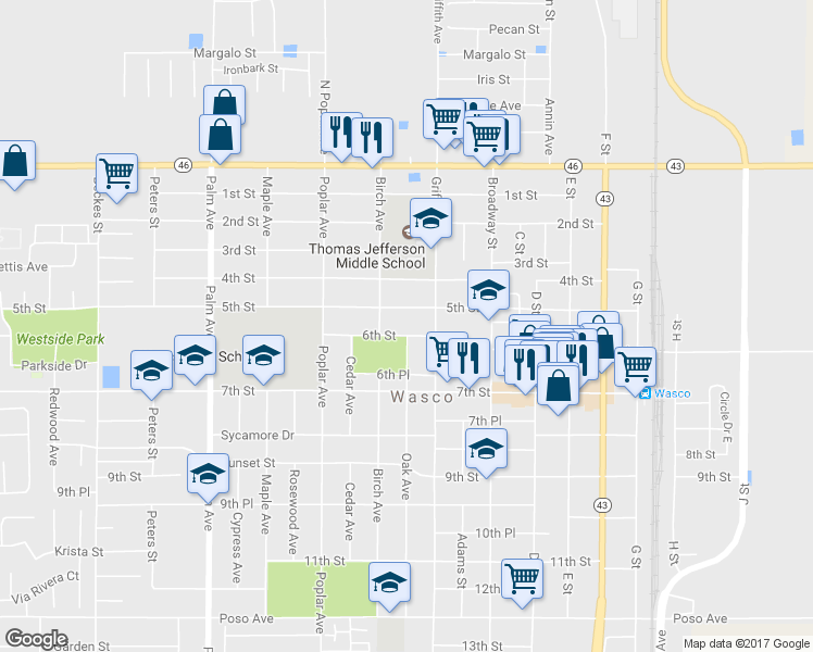 map of restaurants, bars, coffee shops, grocery stores, and more near 1400 6th Street in Wasco