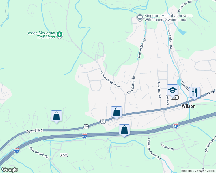 map of restaurants, bars, coffee shops, grocery stores, and more near 14 Yow Drive in Swannanoa
