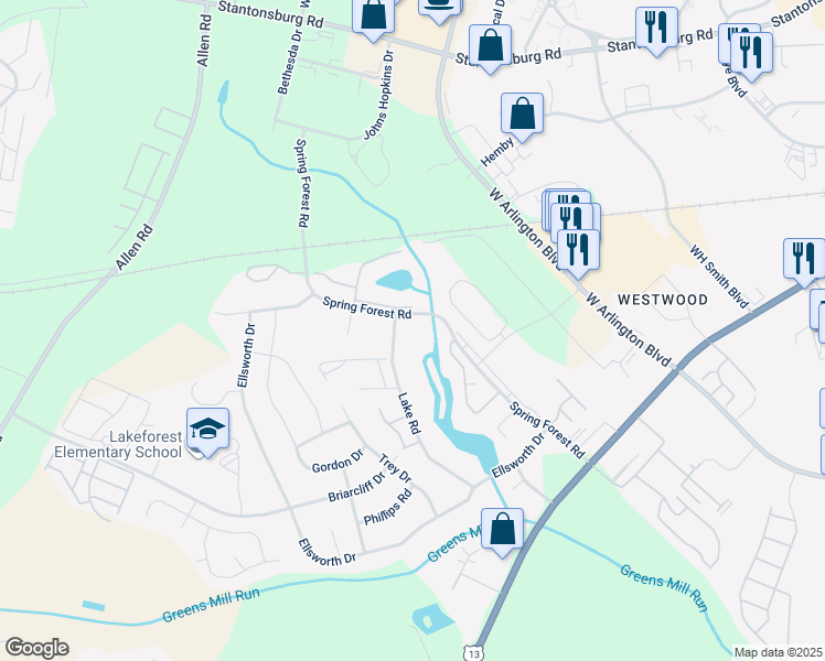 map of restaurants, bars, coffee shops, grocery stores, and more near 700 Spring Forest Road in Greenville