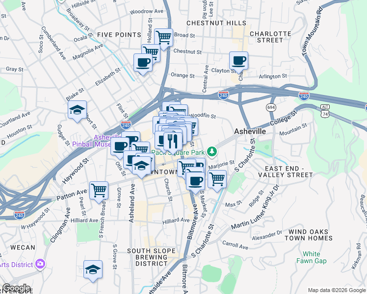 map of restaurants, bars, coffee shops, grocery stores, and more near 32 Broadway Street in Asheville
